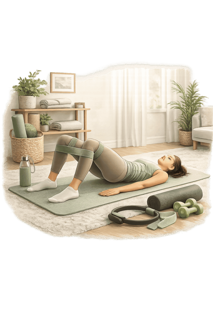 categoria-pilates-treino Categoria Pilates - Mulher fazendo pilates em casa, com alguns equipamentos em sua volta