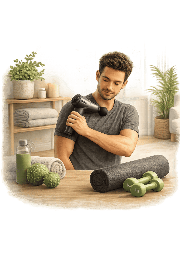 categoria-recuperacao-muscular Categoria recuperação muscular - Homem utilizando aparelho de massagem em um ambiente tranquilo